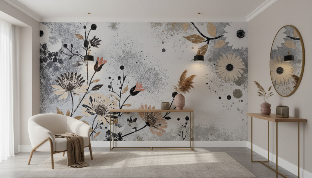 Papier peint floral vintage aux tons poudrés et dorés - Entrée