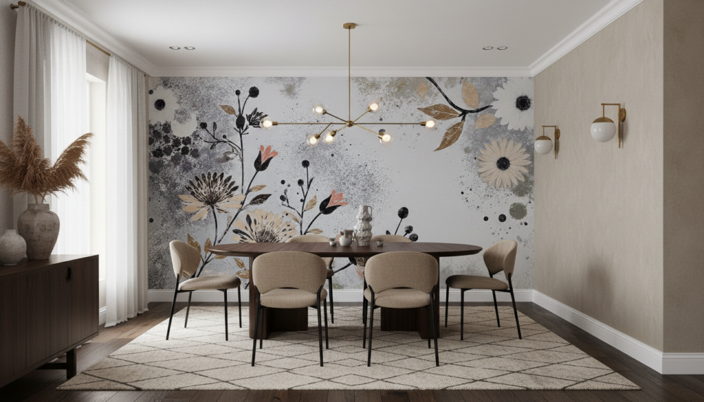 Papier peint floral vintage aux tons poudrés et dorés - Salle à manger