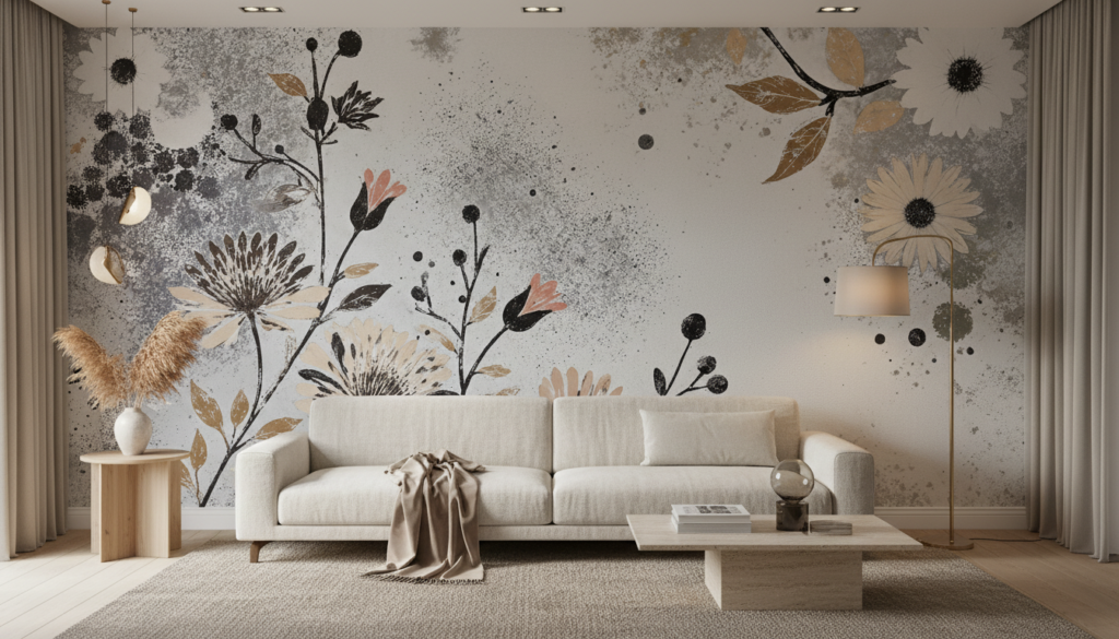 Papier peint floral vintage aux tons poudrés et dorés - Salon / Séjour