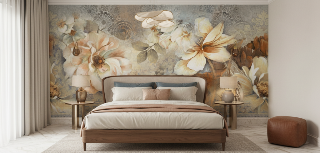 Papier peint floral vintage aux tons poudrés et dorés - Chambre adulte