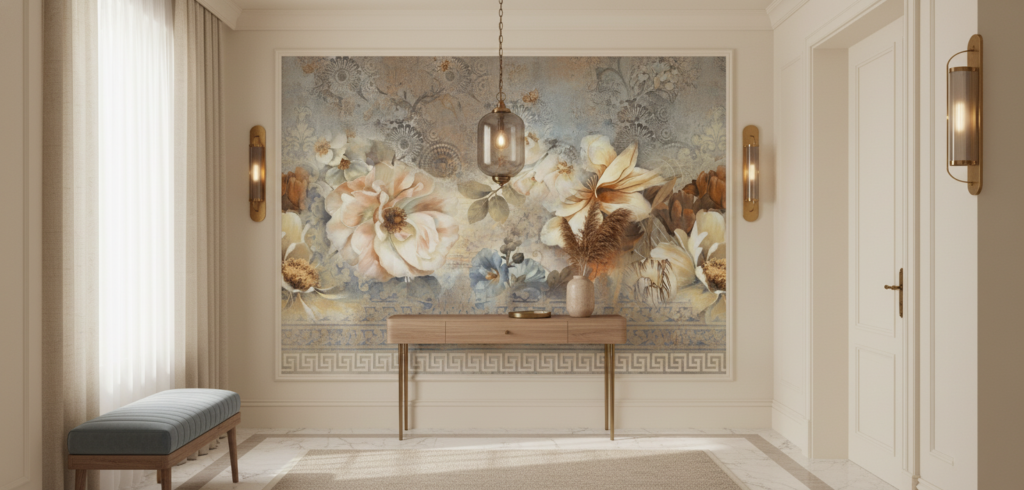 Papier peint floral vintage aux tons poudrés et dorés - Entrée