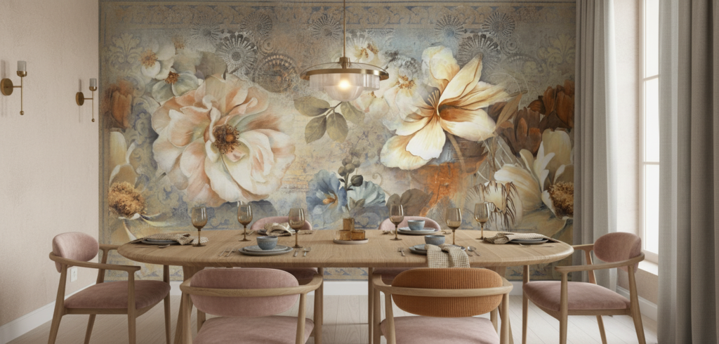 Papier peint floral vintage aux tons poudrés et dorés - Salle à manger