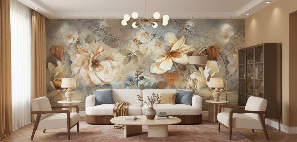 Papier peint floral vintage aux tons poudrés et dorés - Salon / Séjour