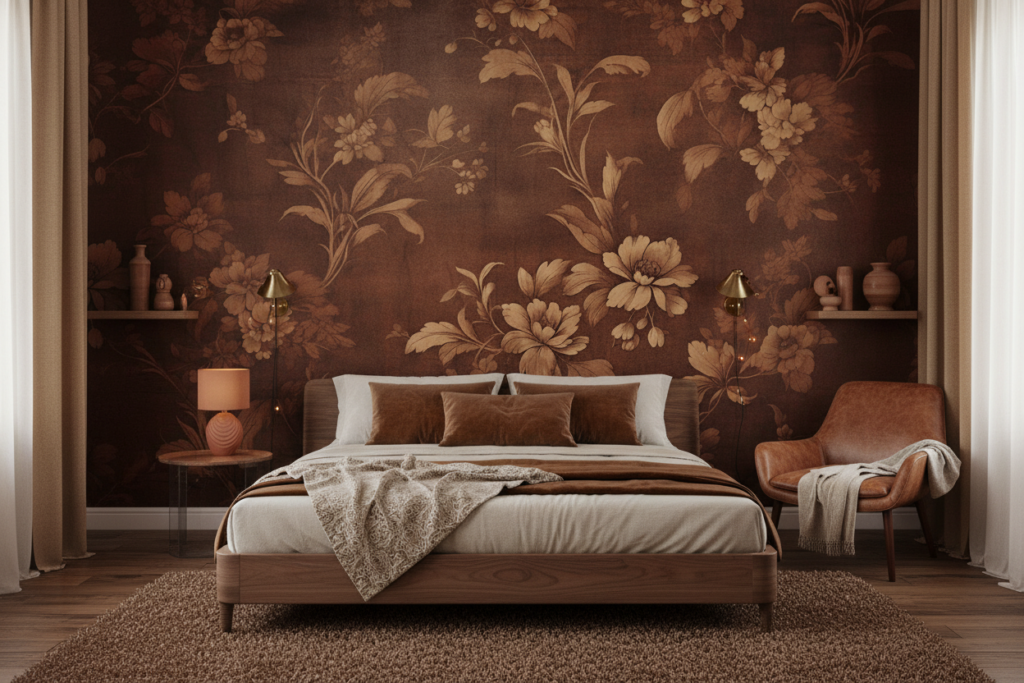 Papier peint floral vintage marron aux motifs botaniques élégants - Chambre adulte
