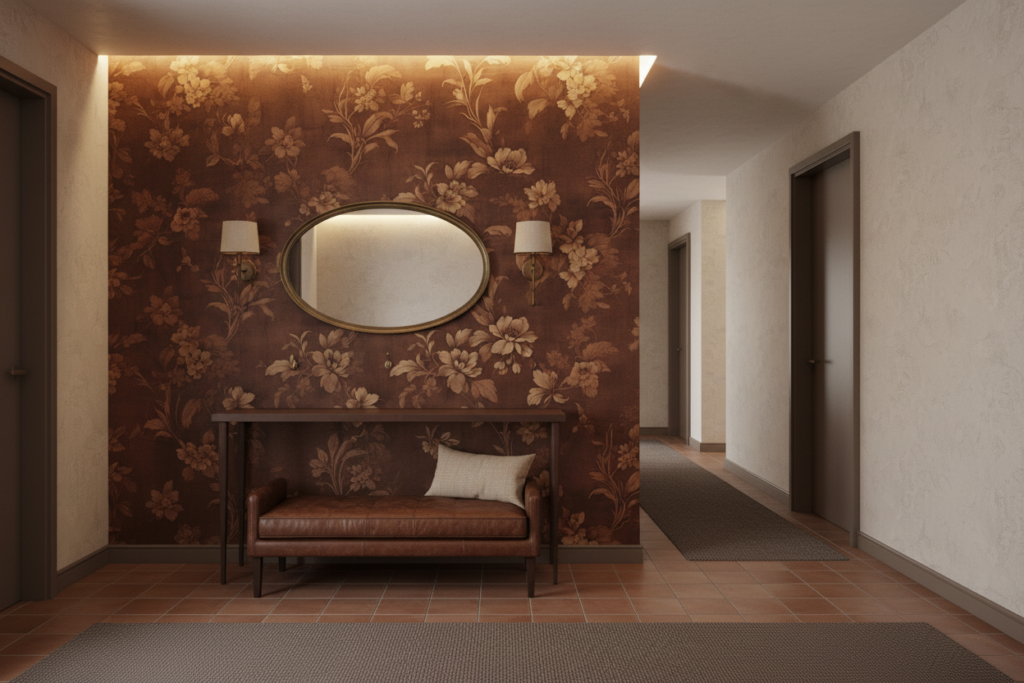 Papier peint floral vintage marron aux motifs botaniques élégants - Couloir