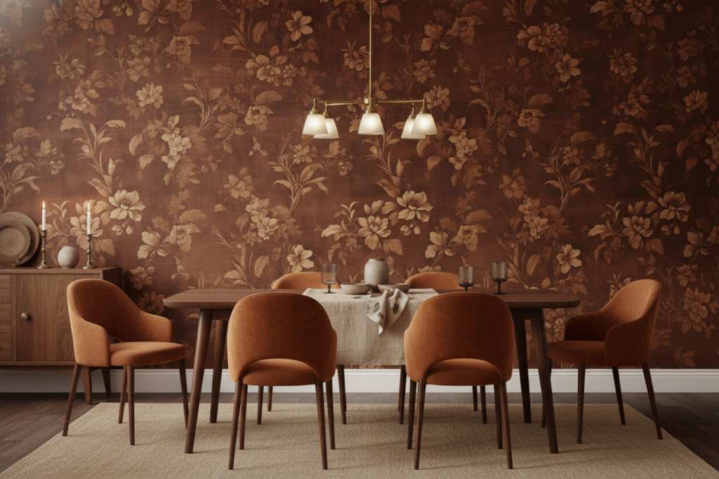 Papier peint floral vintage marron aux motifs botaniques élégants - Salle à manger
