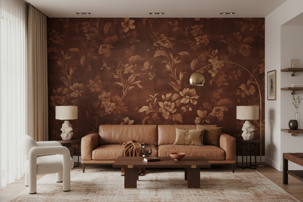 Papier peint floral vintage marron aux motifs botaniques élégants - Salon / Séjour