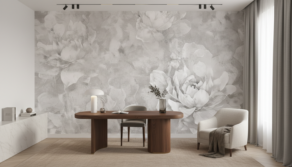 Papier peint floral vintage pivoines délicates nuances de gris - Bureau