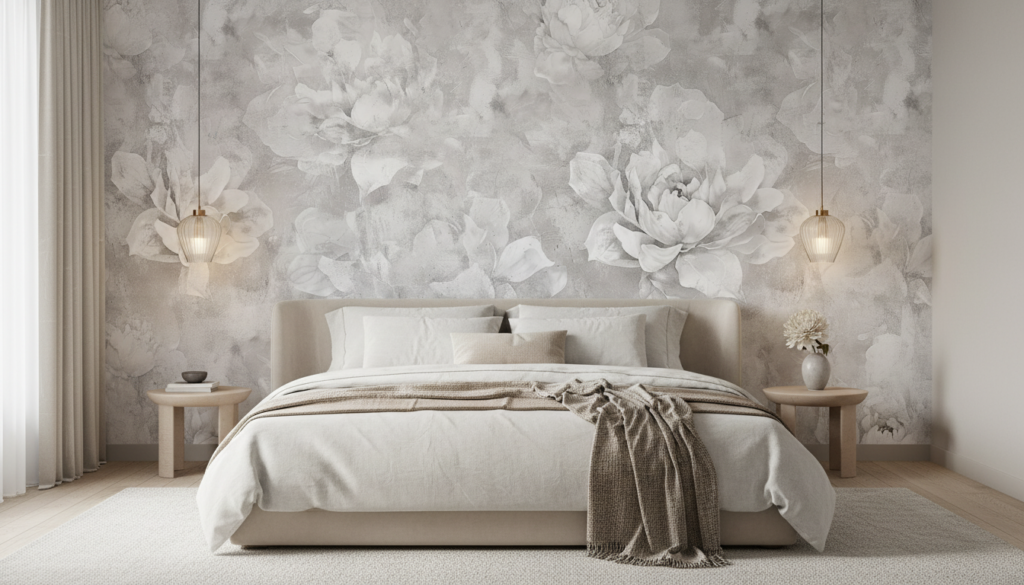 Papier peint floral vintage pivoines délicates nuances de gris - Chambre adulte