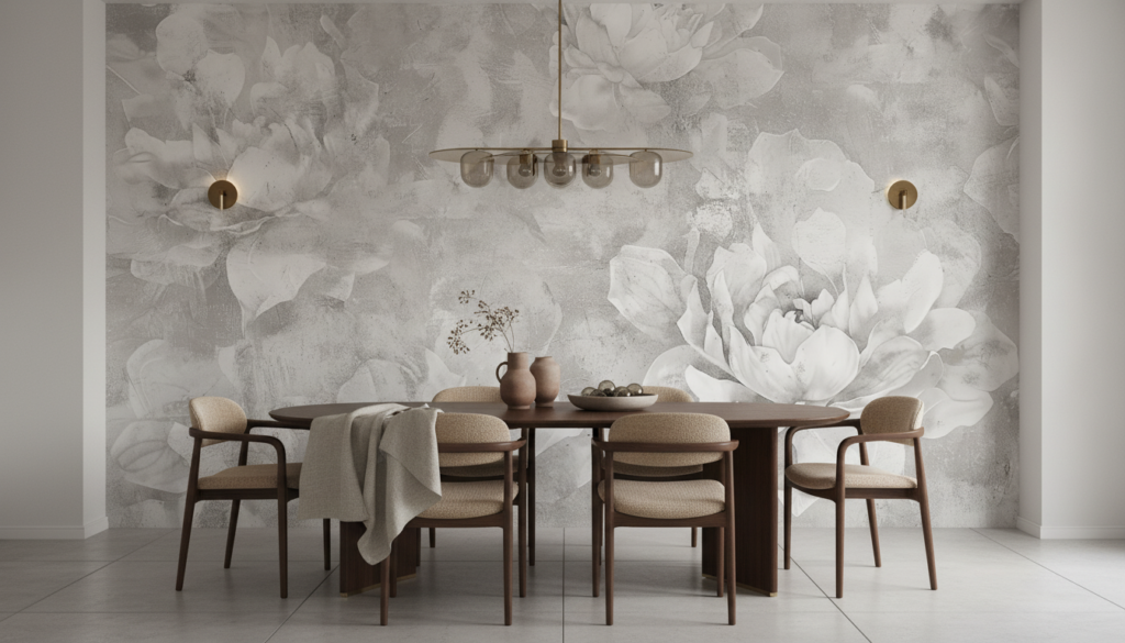 Papier peint floral vintage pivoines délicates nuances de gris - Salle à manger