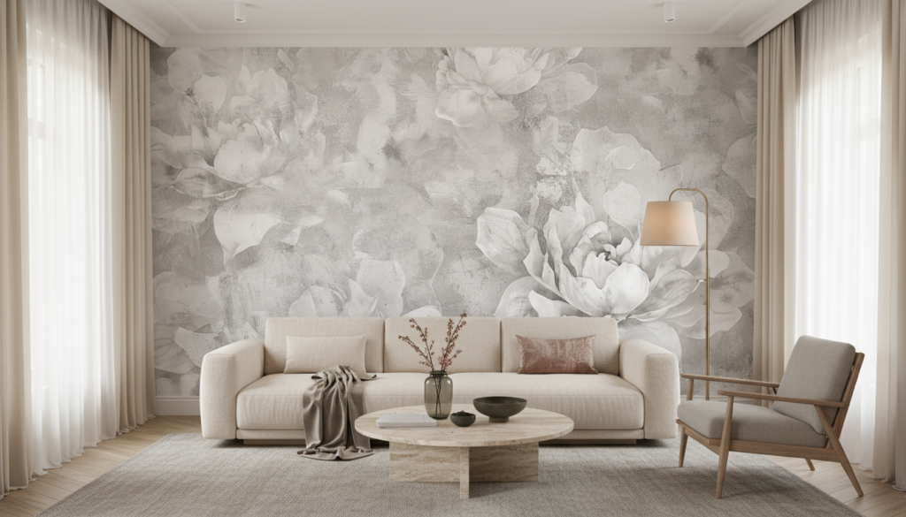 Papier peint floral vintage pivoines délicates nuances de gris - Salon / Séjour