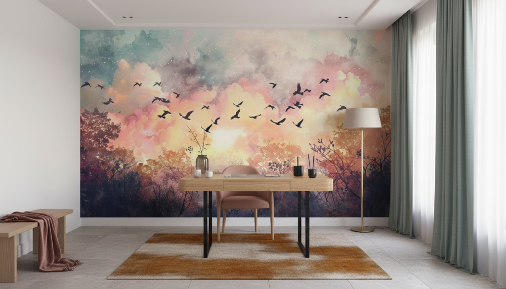 Papier peint forêt automnale avec vol d'oiseaux au coucher du soleil - Bureau