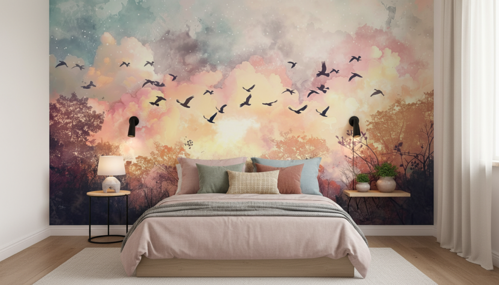 Papier peint forêt automnale avec vol d'oiseaux au coucher du soleil - Chambre ado