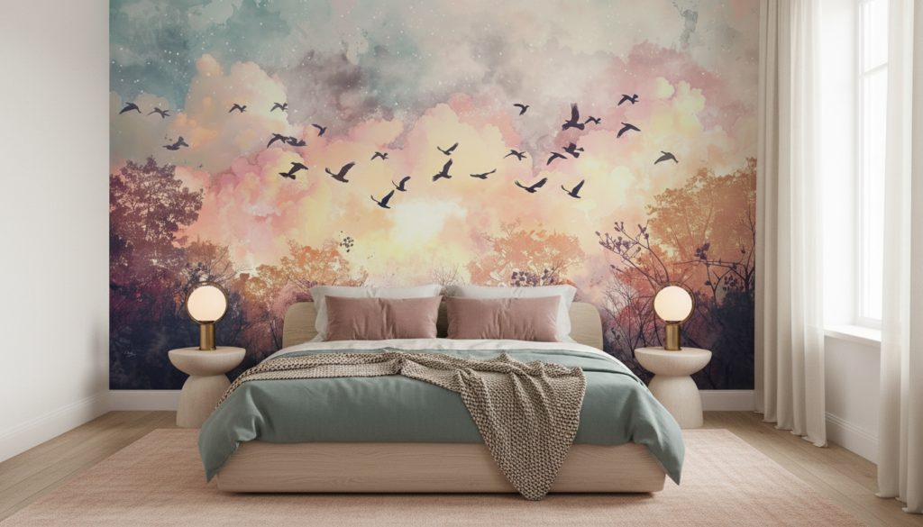 Papier peint forêt automnale avec vol d'oiseaux au coucher du soleil - Chambre adulte