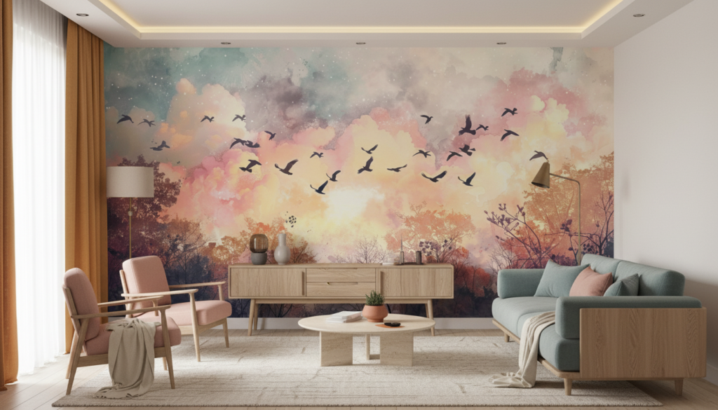 Papier peint forêt automnale avec vol d'oiseaux au coucher du soleil - Salon / Séjour