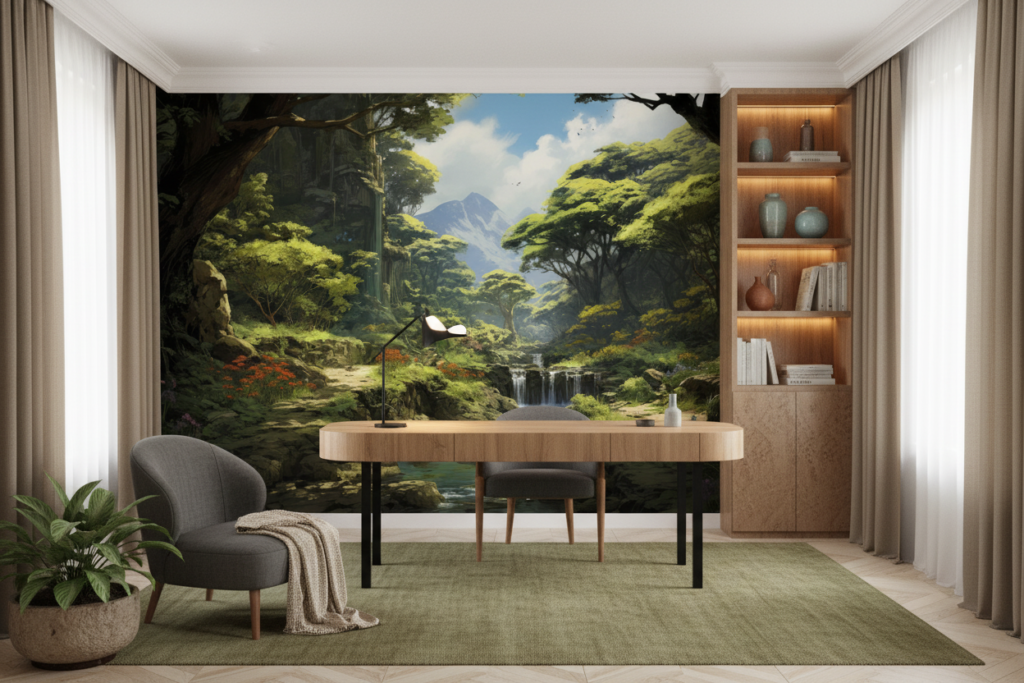 Papier Peint Forêt Enchantée avec Cascade et Montagnes Verdoyantes - Bureau