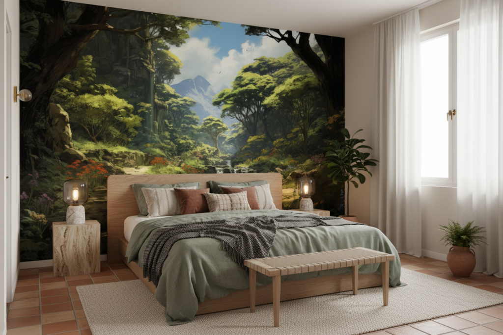 Papier Peint Forêt Enchantée avec Cascade et Montagnes Verdoyantes - Chambre adulte