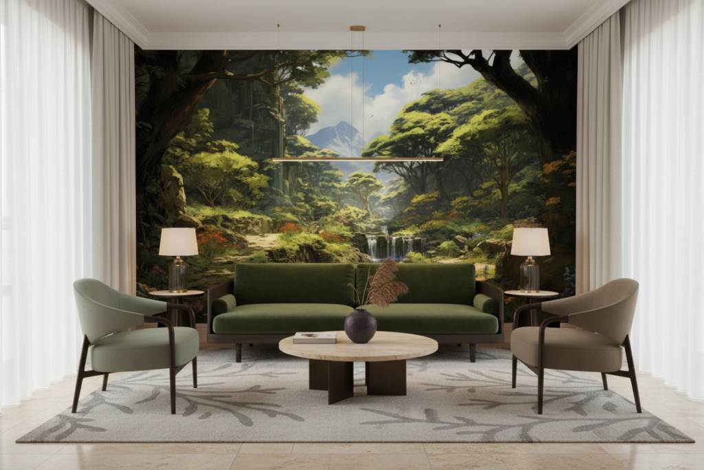 Papier Peint Forêt Enchantée avec Cascade et Montagnes Verdoyantes - Hôtel