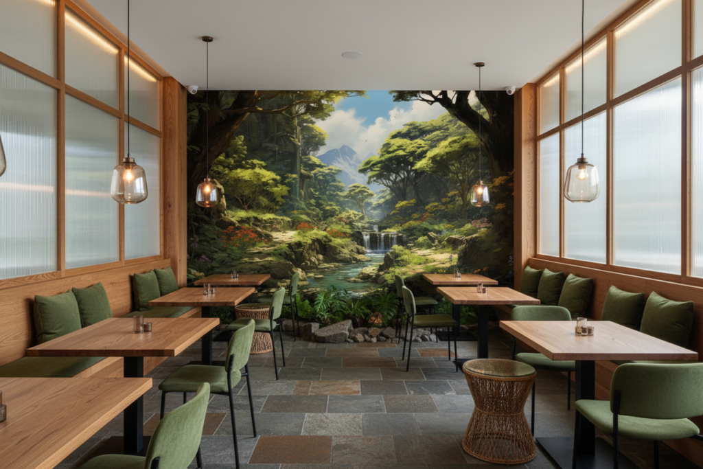 Papier Peint Forêt Enchantée avec Cascade et Montagnes Verdoyantes - Restaurant