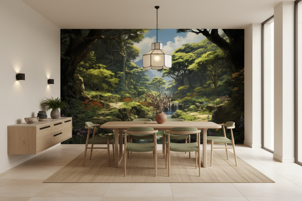 Papier Peint Forêt Enchantée avec Cascade et Montagnes Verdoyantes - Salle à manger