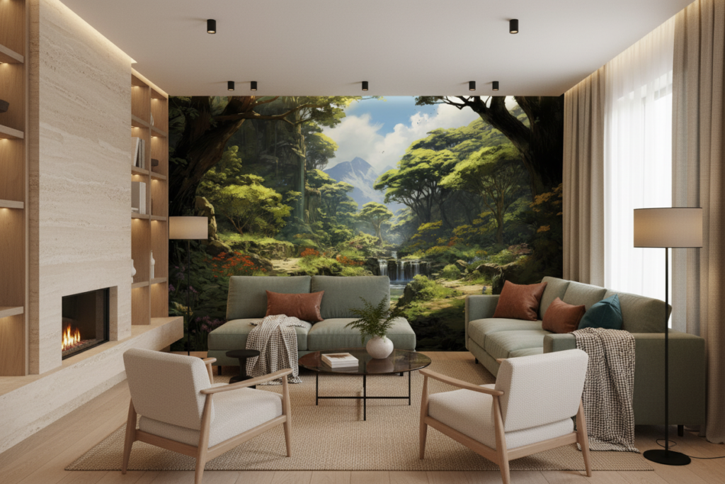 Papier Peint Forêt Enchantée avec Cascade et Montagnes Verdoyantes - Salon / Séjour