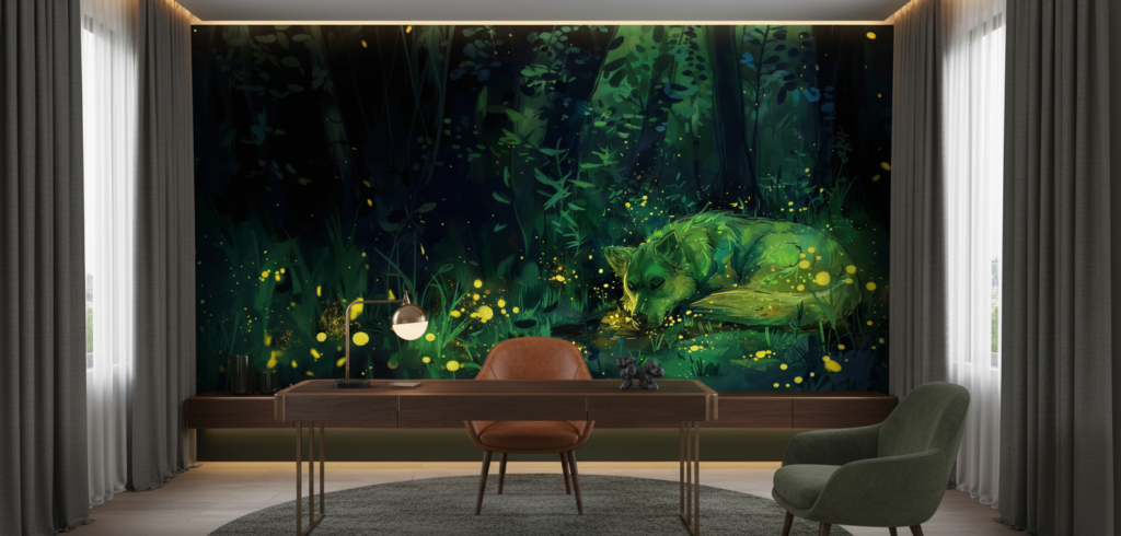 Papier Peint Forêt Enchantée avec Lucioles Dorées Lumineuses Nocturnes - Bureau