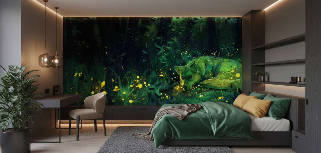 Papier Peint Forêt Enchantée avec Lucioles Dorées Lumineuses Nocturnes - Chambre ado