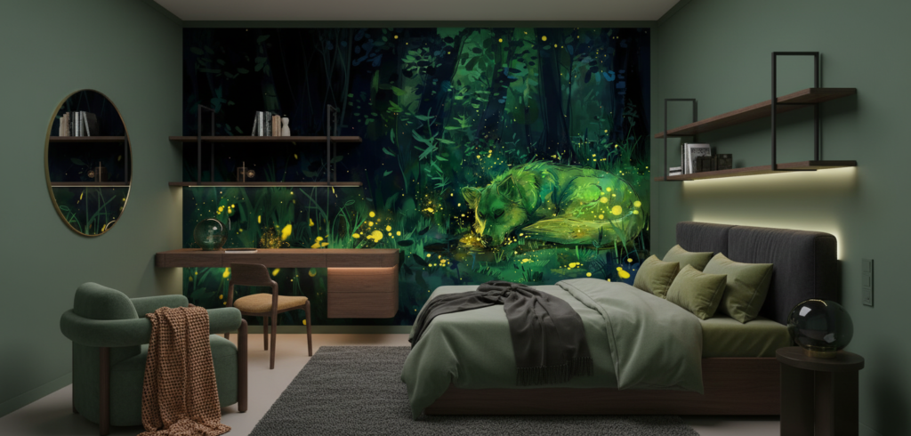 Papier Peint Forêt Enchantée avec Lucioles Dorées Lumineuses Nocturnes - Chambre ado