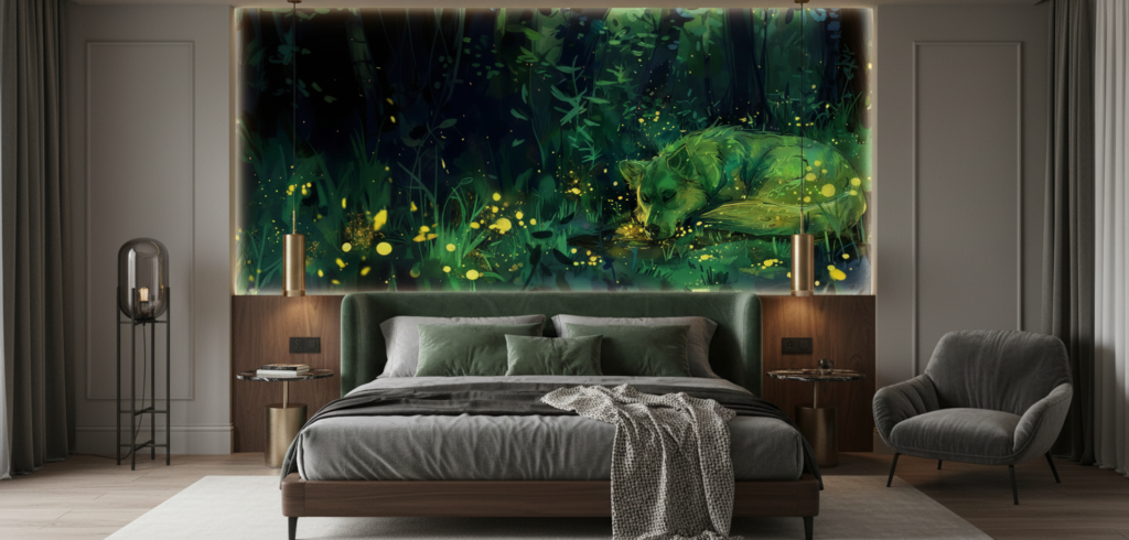 Papier Peint Forêt Enchantée avec Lucioles Dorées Lumineuses Nocturnes - Chambre adulte