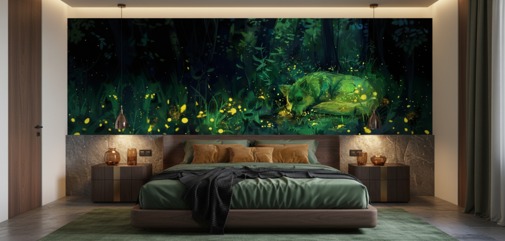 Papier Peint Forêt Enchantée avec Lucioles Dorées Lumineuses Nocturnes - Chambre adulte