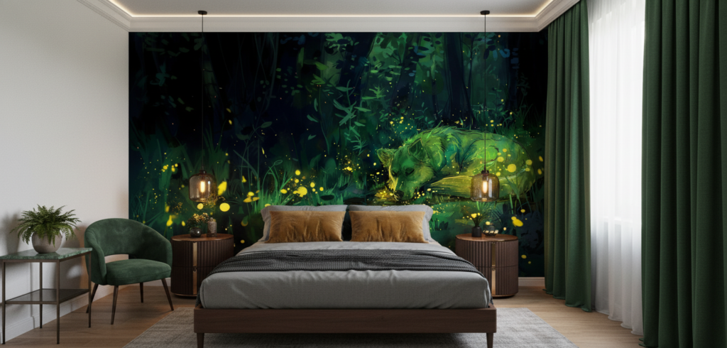Papier Peint Forêt Enchantée avec Lucioles Dorées Lumineuses Nocturnes - Chambre adulte
