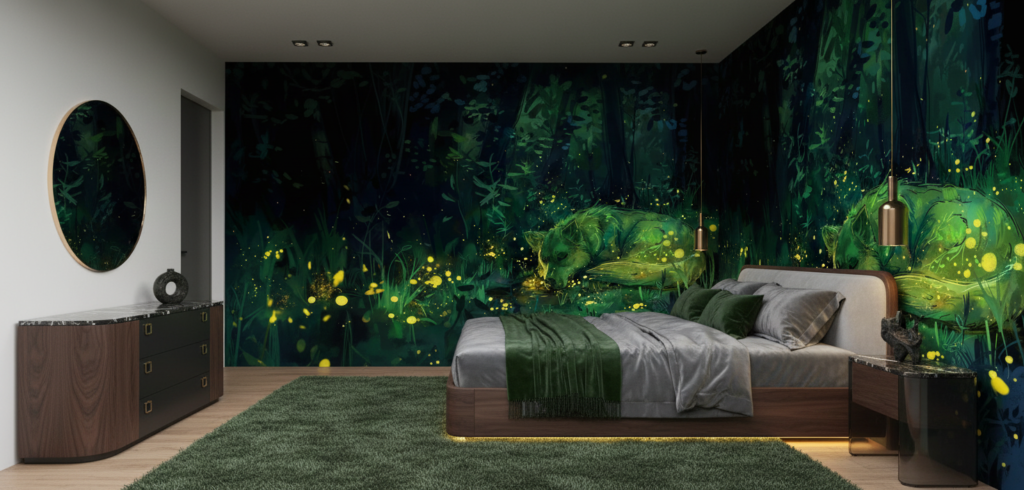 Papier Peint Forêt Enchantée avec Lucioles Dorées Lumineuses Nocturnes - Chambre adulte