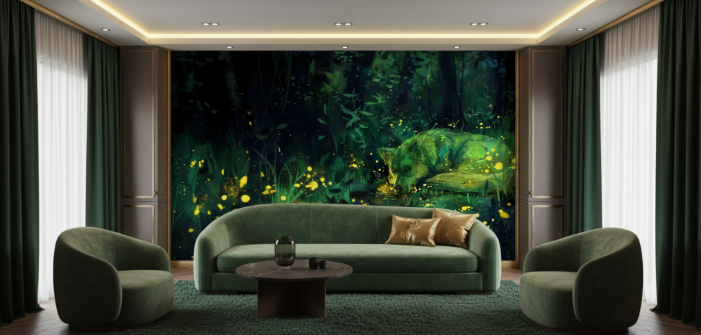 Papier Peint Forêt Enchantée avec Lucioles Dorées Lumineuses Nocturnes - Salon / Séjour