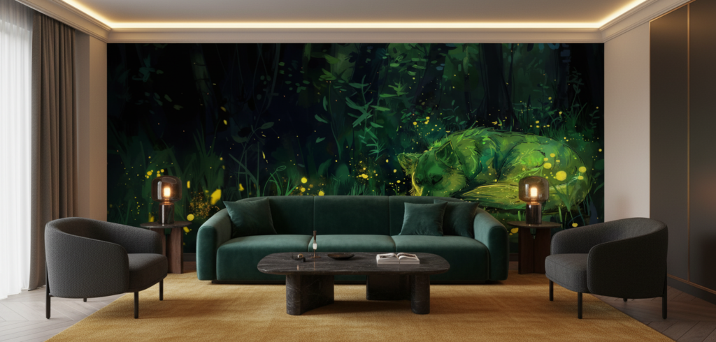 Papier Peint Forêt Enchantée avec Lucioles Dorées Lumineuses Nocturnes - Salon / Séjour