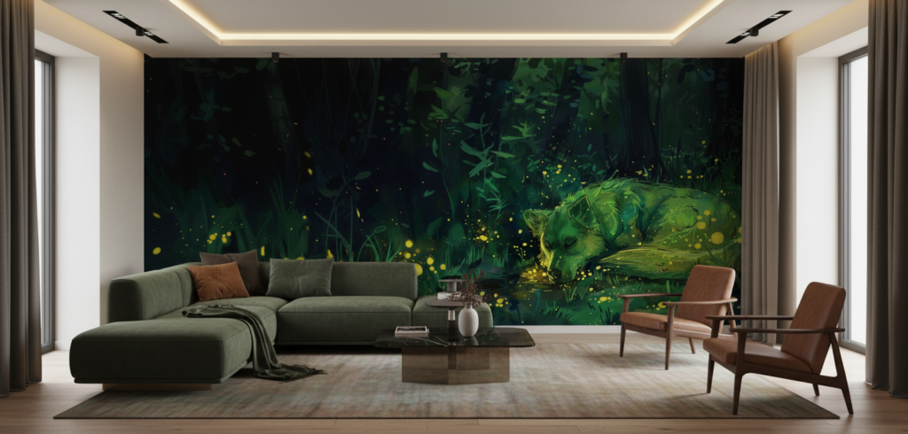 Papier Peint Forêt Enchantée avec Lucioles Dorées Lumineuses Nocturnes - Salon / Séjour