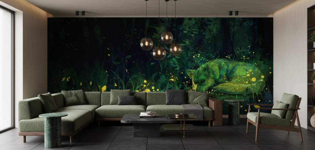 Papier Peint Forêt Enchantée avec Lucioles Dorées Lumineuses Nocturnes - Salon / Séjour