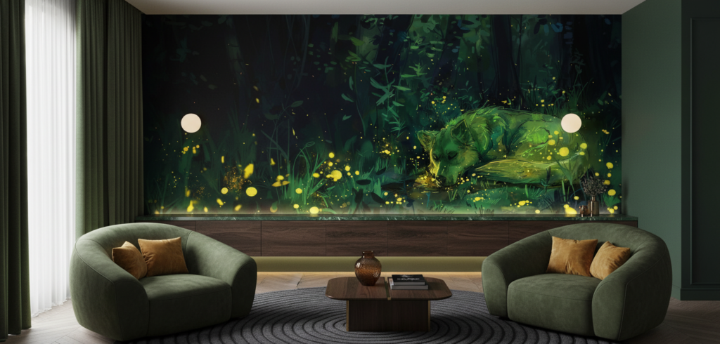Papier Peint Forêt Enchantée avec Lucioles Dorées Lumineuses Nocturnes - Salon / Séjour