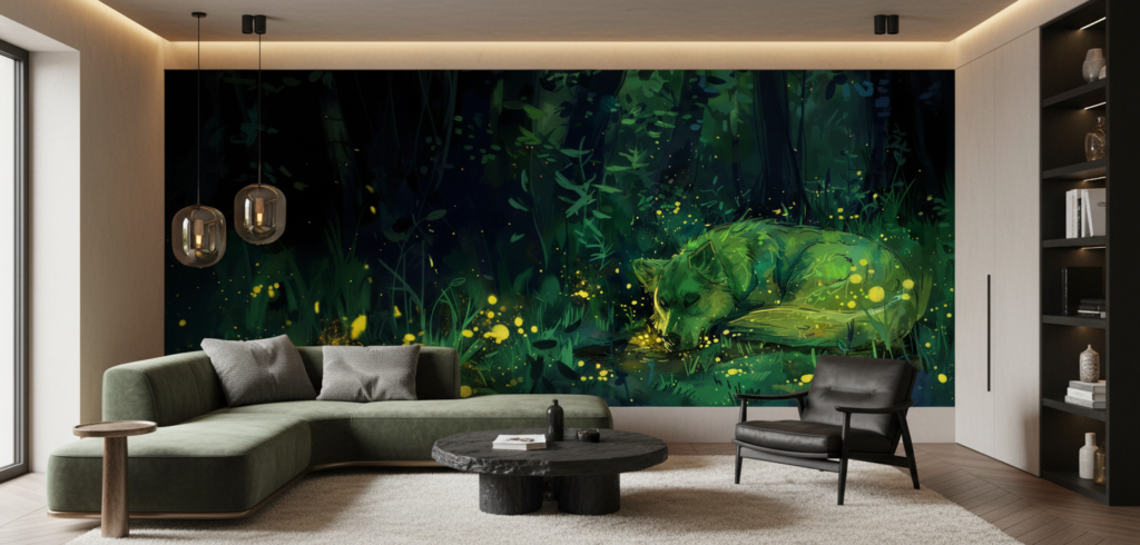 Papier Peint Forêt Enchantée avec Lucioles Dorées Lumineuses Nocturnes - Salon / Séjour