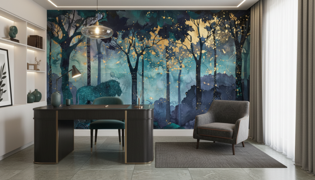 Papier Peint Forêt Enchantée Bleu Turquoise avec Paillettes Dorées - Bureau