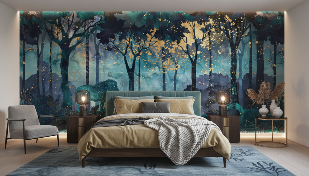 Papier Peint Forêt Enchantée Bleu Turquoise avec Paillettes Dorées - Chambre adulte