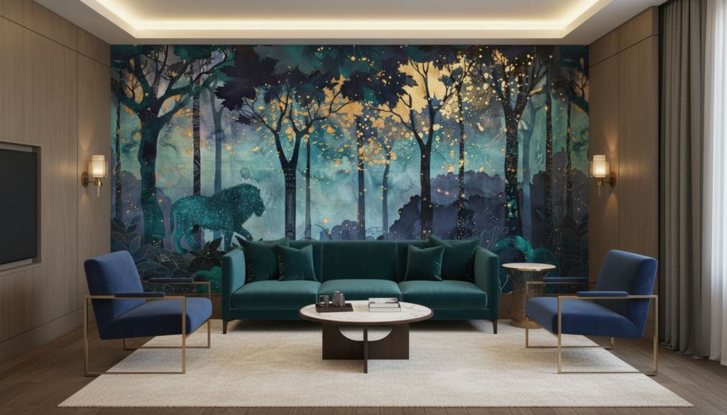 Papier Peint Forêt Enchantée Bleu Turquoise avec Paillettes Dorées - Hôtel
