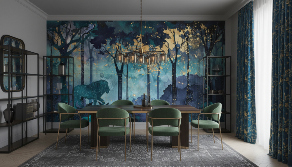 Papier Peint Forêt Enchantée Bleu Turquoise avec Paillettes Dorées - Salle à manger