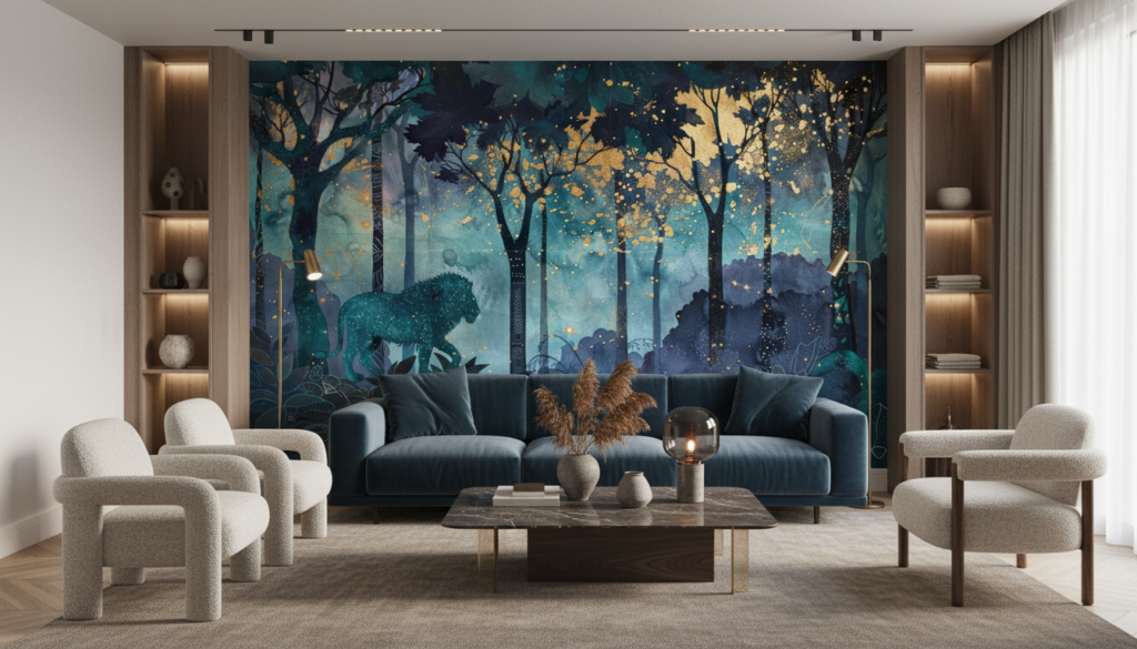 Papier Peint Forêt Enchantée Bleu Turquoise avec Paillettes Dorées - Salon / Séjour