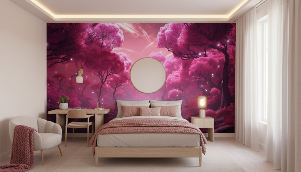 Papier Peint Forêt Enchantée Rose Magique aux Étoiles Scintillantes - Chambre ado