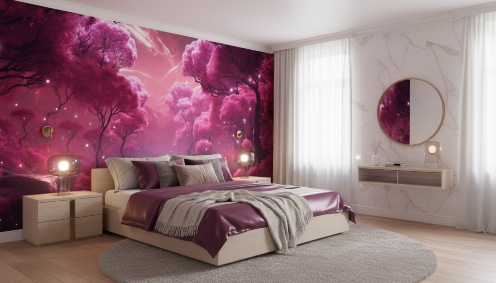 Papier Peint Forêt Enchantée Rose Magique aux Étoiles Scintillantes - Chambre adulte