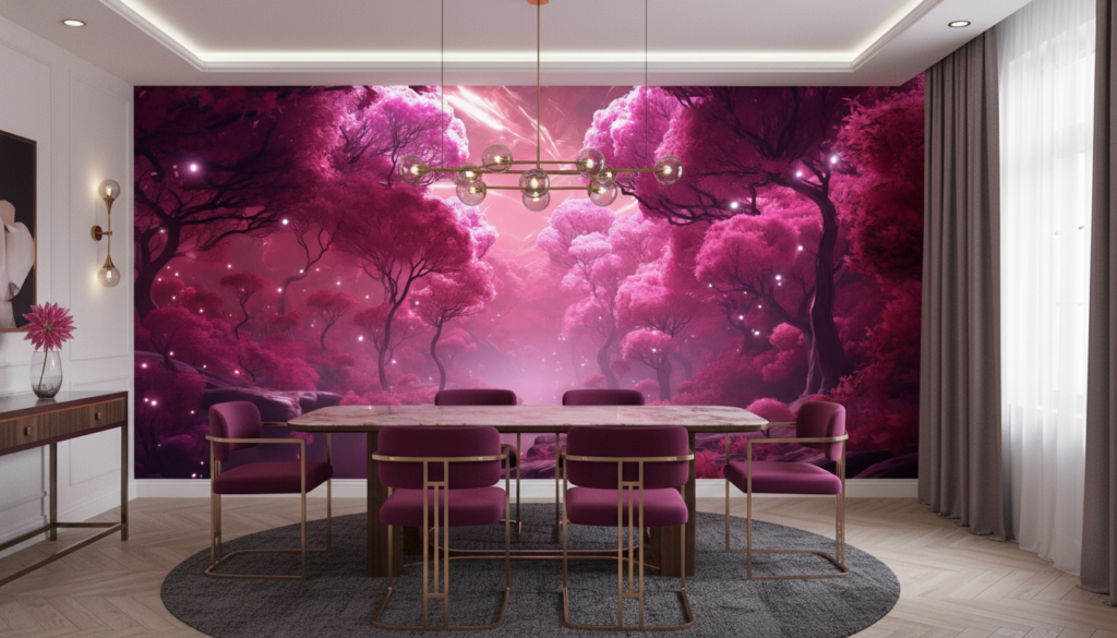 Papier Peint Forêt Enchantée Rose Magique aux Étoiles Scintillantes - Salle à manger
