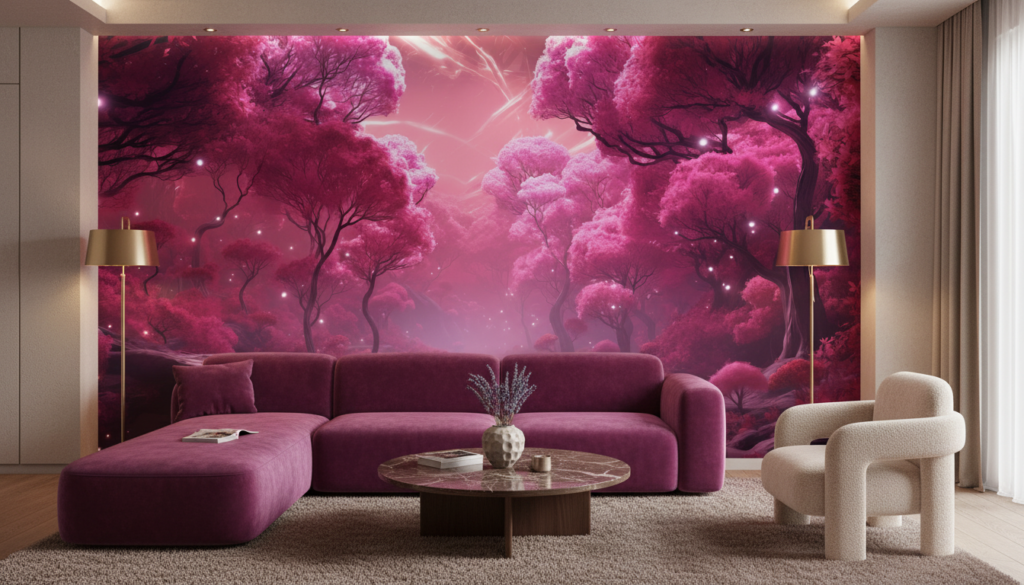 Papier Peint Forêt Enchantée Rose Magique aux Étoiles Scintillantes - Salon / Séjour