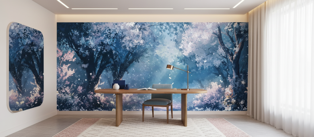 Papier peint forêt enchantée sakura bleu rose pétales volants - Bureau