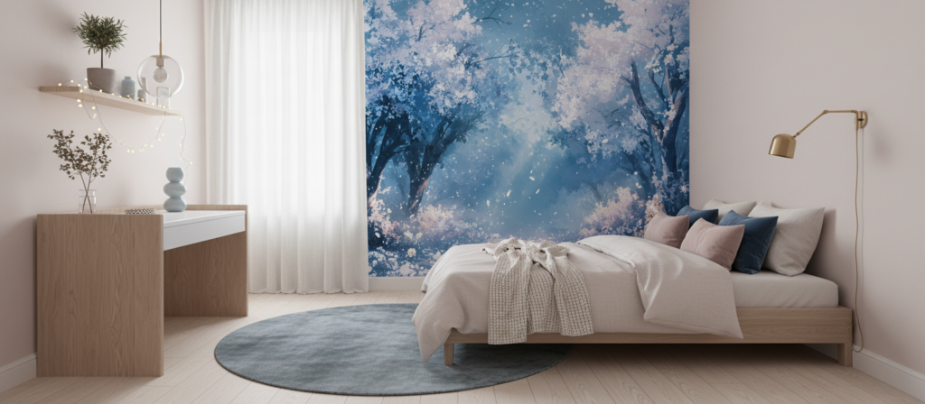 Papier peint forêt enchantée sakura bleu rose pétales volants - Chambre ado