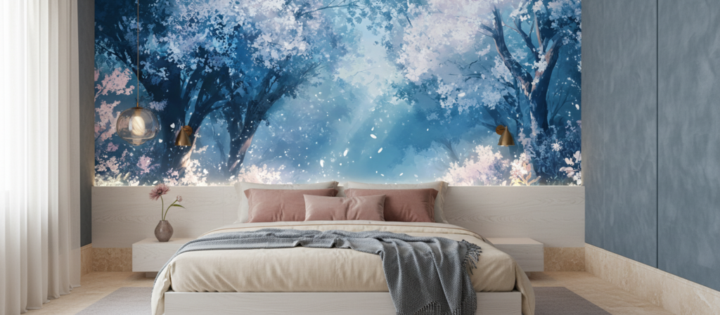 Papier peint forêt enchantée sakura bleu rose pétales volants - Chambre adulte